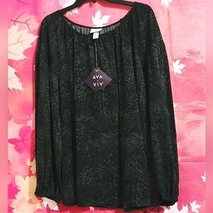 AVA & VIV GREEN AND BLACK ABSTRACT PRINT BLOUSE WOMEN'S SIZE 2X